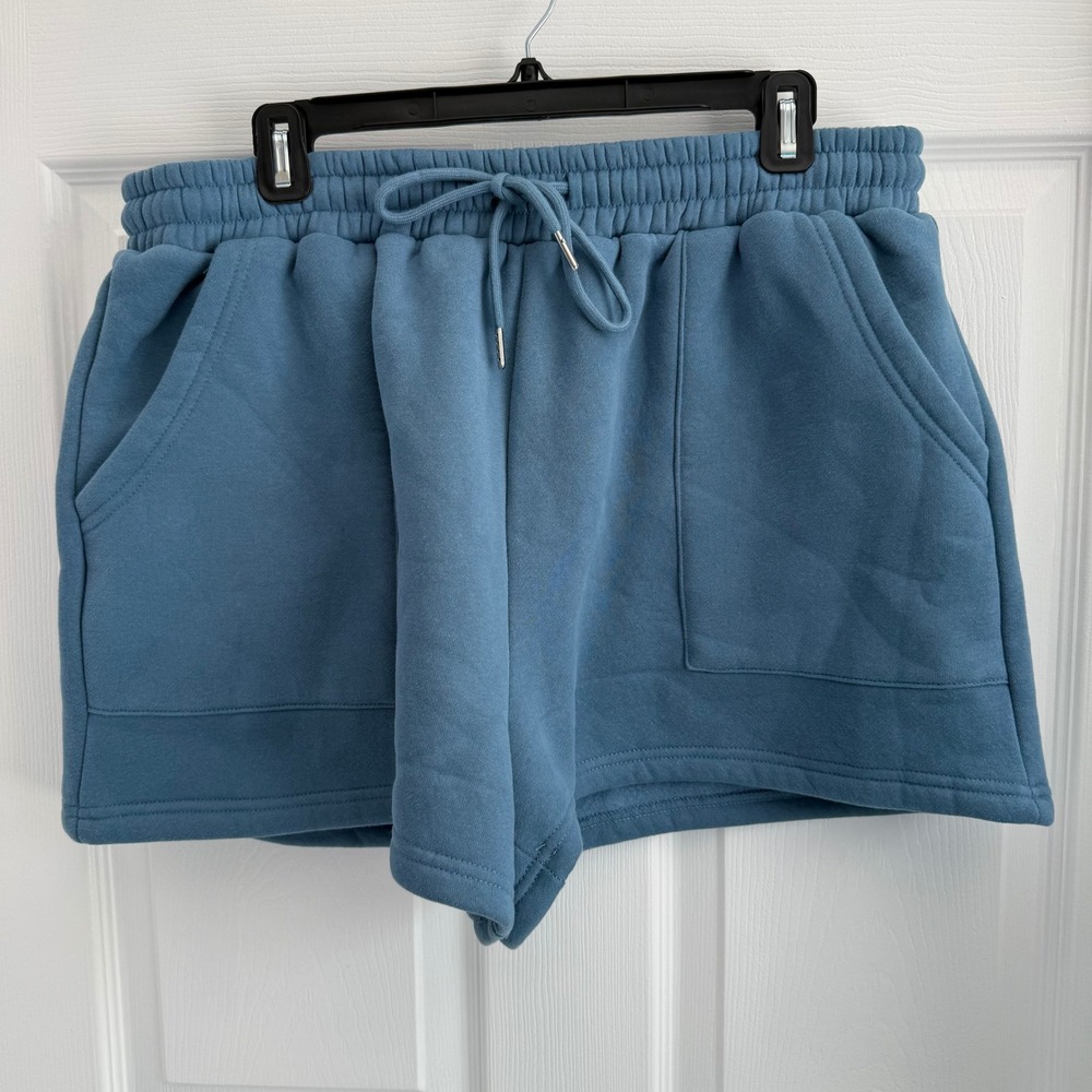 Anrabess Womens XL Dusty Blue Fleece Lounge Shorts High Waist Drawstring Pockets